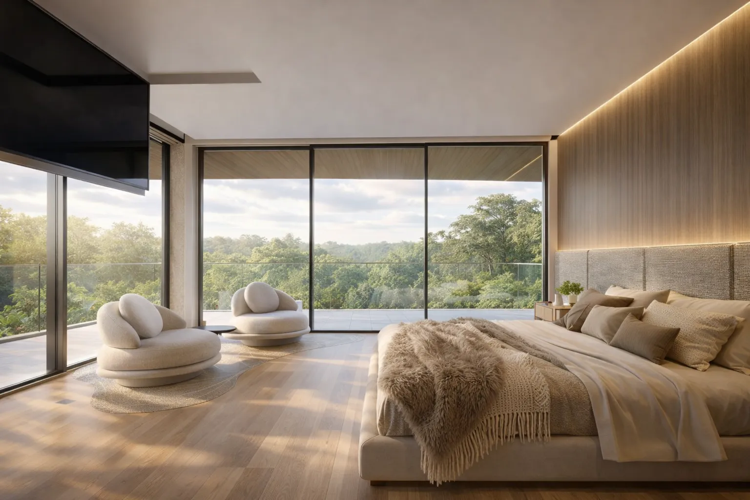 Master suite of Casa Vértice with panoramic view, wood and textiles