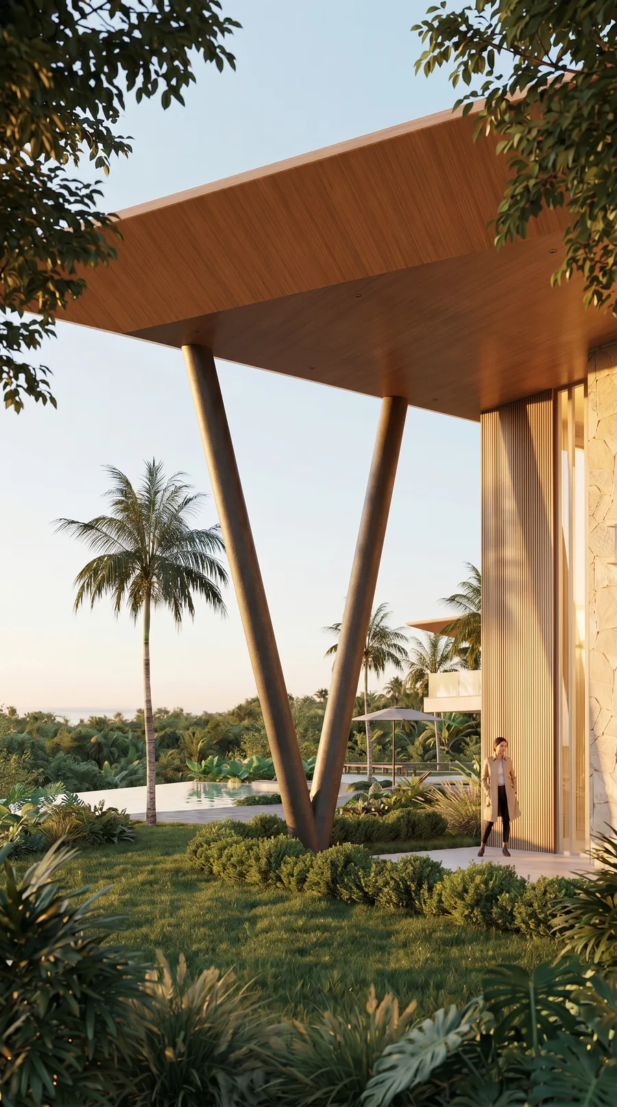 Expressive steel columns and wood ceiling in a high-end Brazilian residence using heavy steel and Light Steel Frame