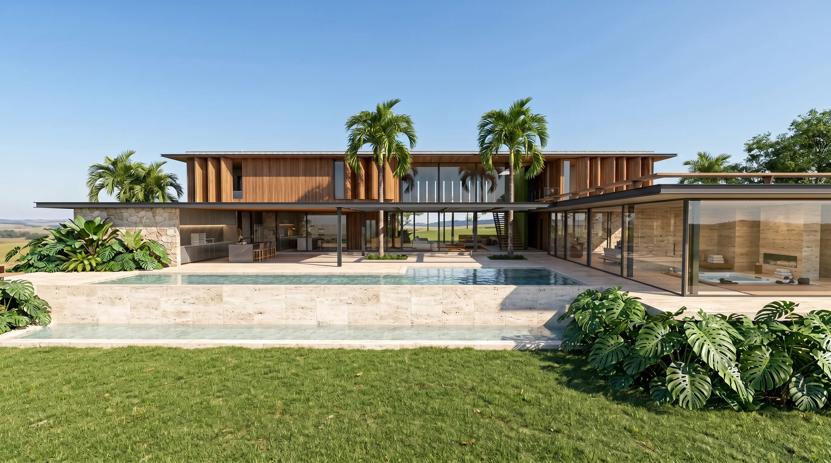 Fachada posterior da Casa Otel na Fazenda Boa Vista, em Porto Feliz, com piscina, spa envidraçado, varanda gourmet e paisagismo tropical